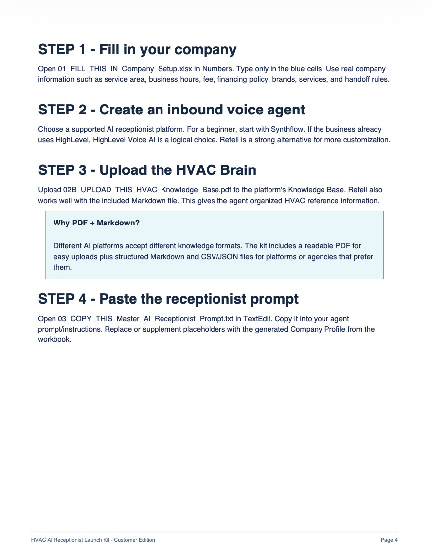 Beginner Launch Guide showing steps 1 through 4: fill in your company, create an inbound voice agent, upload the HVAC Brain, and paste the receptionist prompt