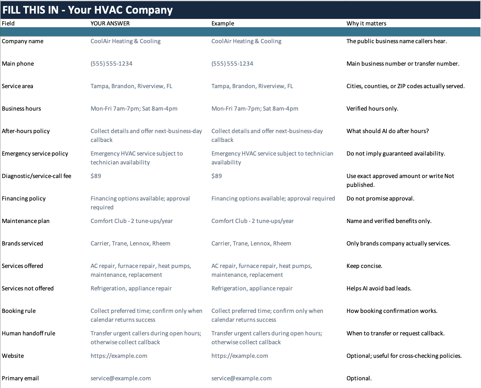 Company Customization Workbook spreadsheet with example completed setup for CoolAir Heating & Cooling