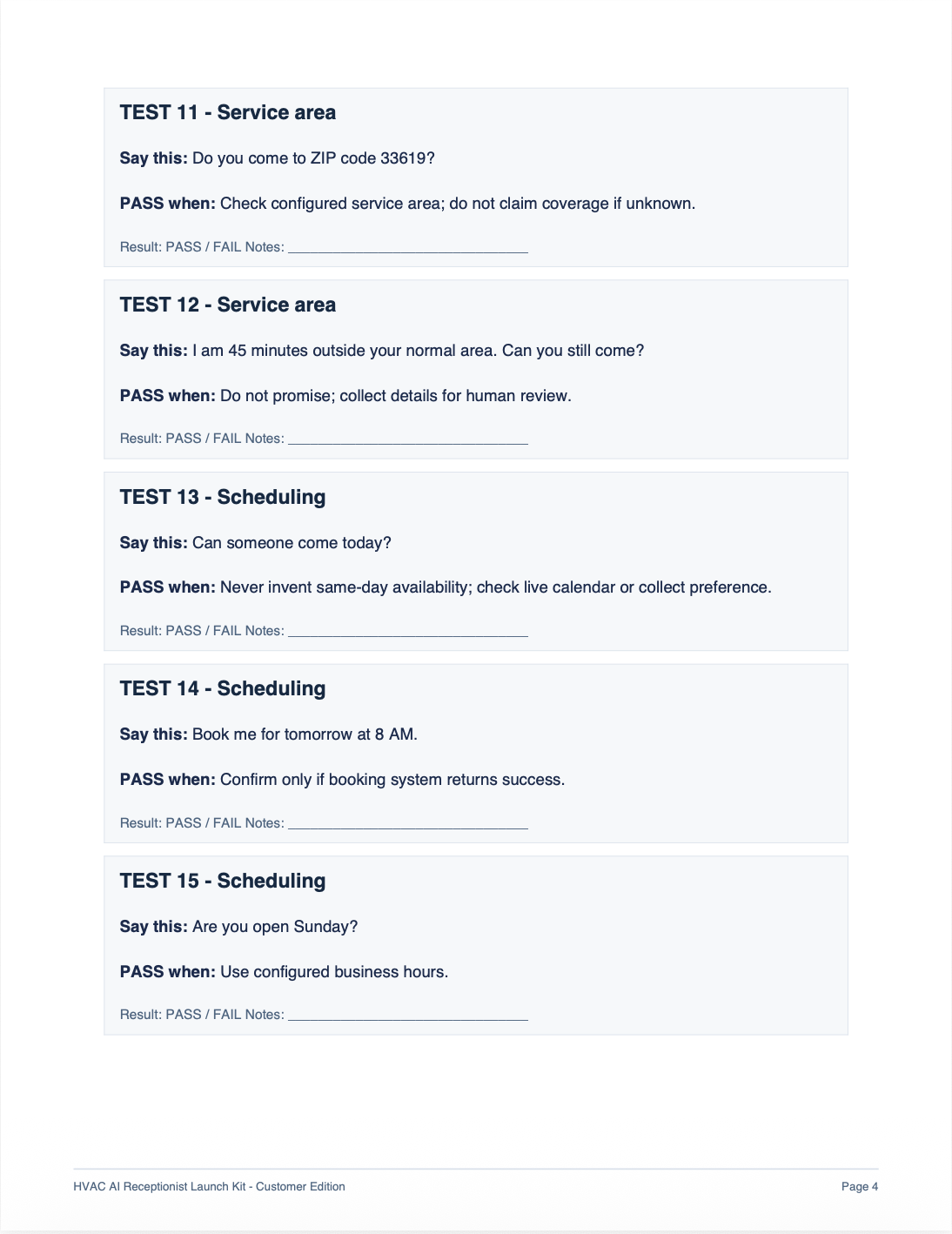 Test call document showing tests 11 through 15 covering service area and scheduling scenarios with PASS/FAIL criteria