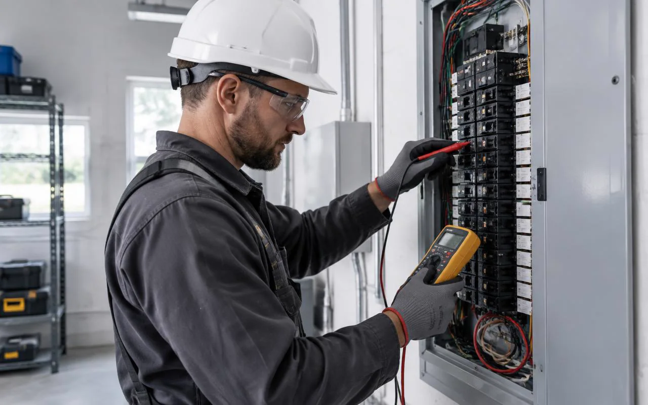 Electrician inspecting residential electrical panel