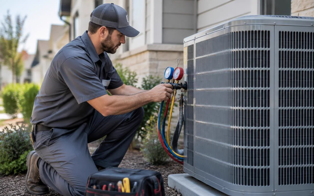 HVAC technician servicing residential air conditioning system