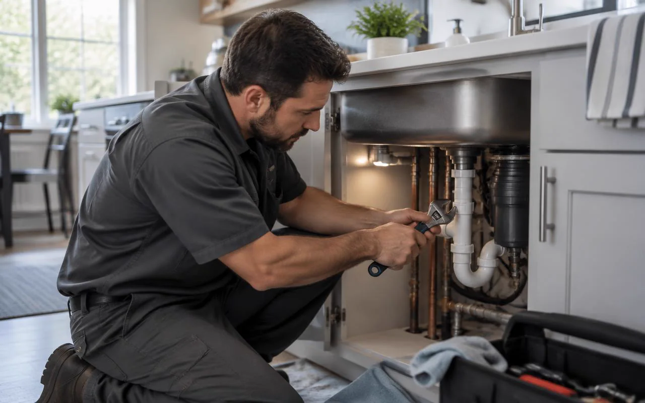 Plumber repairing residential plumbing system