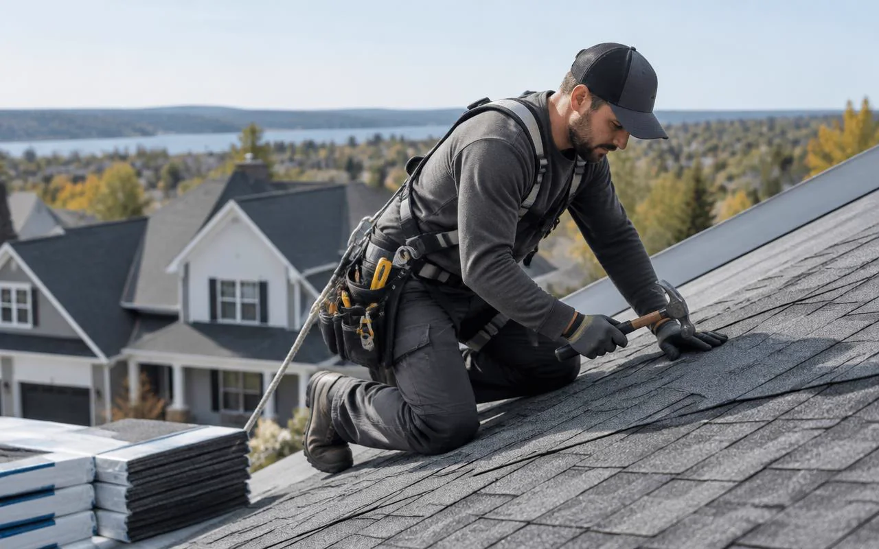 Professional roofer working on residential roof